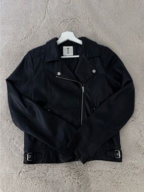 H&M Black Faux Leather Biker Jacket with Silver Hardware